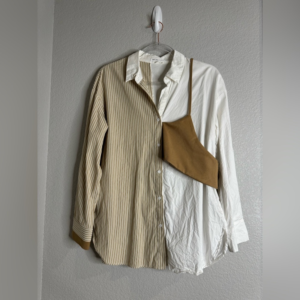 GREY LAB Beige and White Striped Shirt Split with White and Brown - S